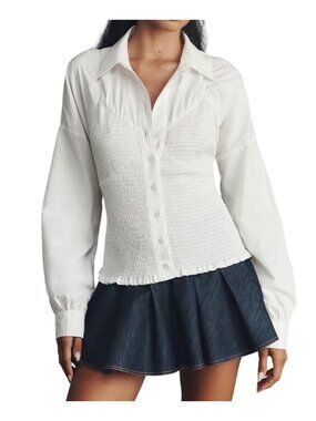 Maeve Anthropologie White Smocked Corset Buttondown Shirt Size S